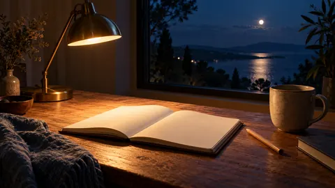 Original illustration of a quiet evening desk with a blank notebook, brass lamp, blue-grey fabric and ceramic mug.