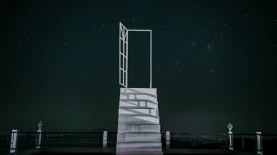Mystical stairway leading to an open door beneath a starry sky in Tagaytay, Philippines.