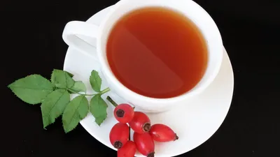 A soothing cup of rosehip herbal tea with fresh leaves and berries on a saucer.