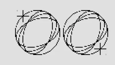 Intricate black and white pixel art featuring circular patterns with binary symbols, showcasing abstract shapes.