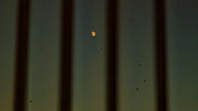 View through dirty window of night sky and moon with shadow from metal bars