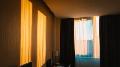 A contemporary hotel room draped in warm morning light casting shadows on the wall.