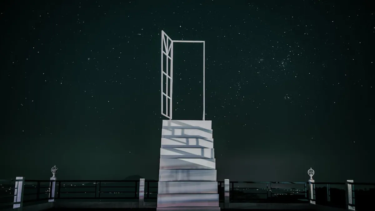 Mystical stairway leading to an open door beneath a starry sky in Tagaytay, Philippines.